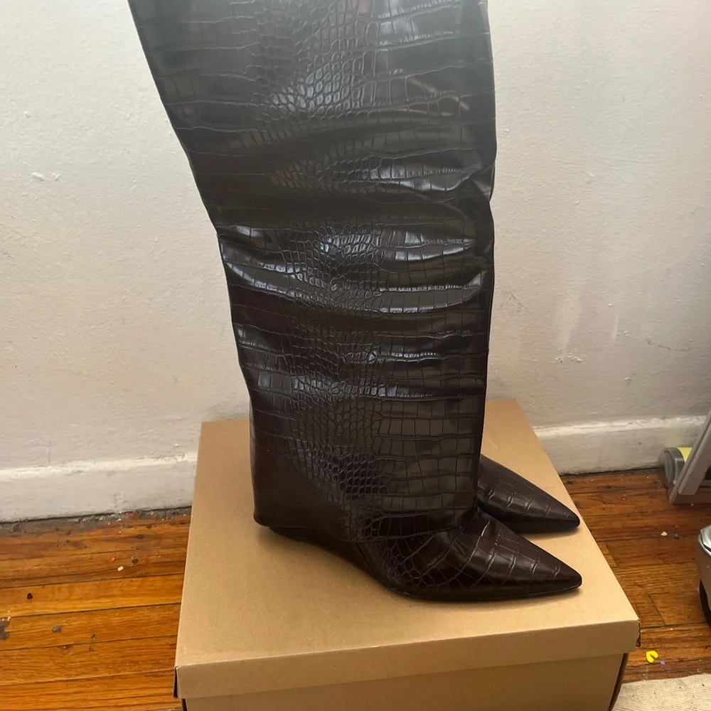 Steve Madden Dark Brown Croc-Embossed Over-the-Knee Boots